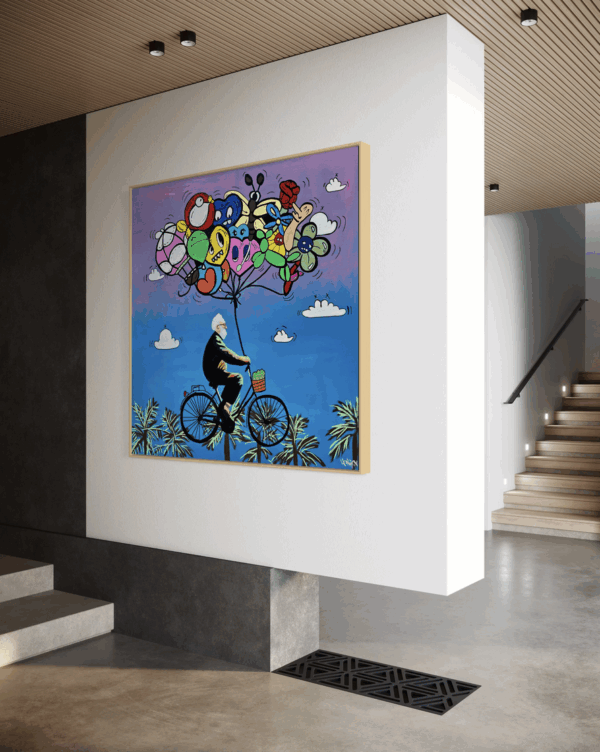 "Pursuit of Happiness" painting on canvas with colorful cartoon balloons and soft sunset tones